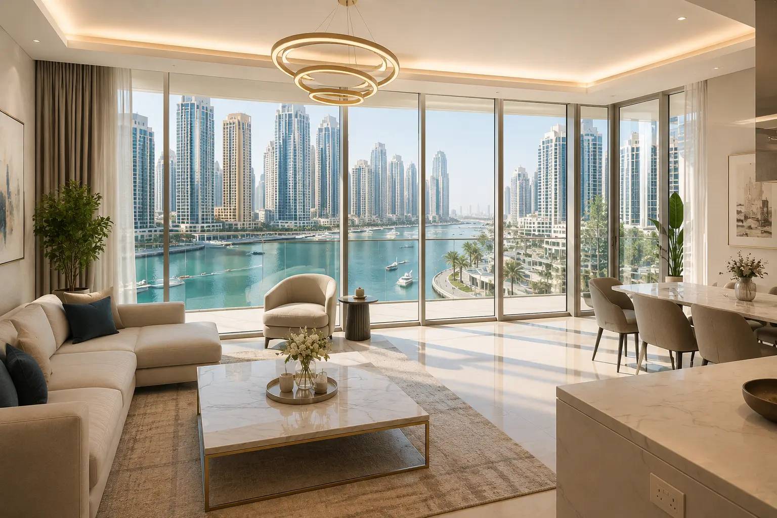 Aerial view of Dubai Marina skyline with luxury waterfront apartments, marina canals, and beachfront residential towers in Dubai, UAE.
