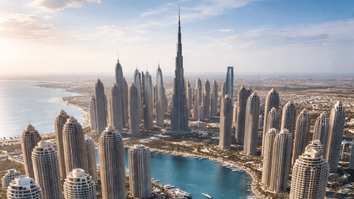Aerial view Burj Khalifa Dubai iconic landmark property investment