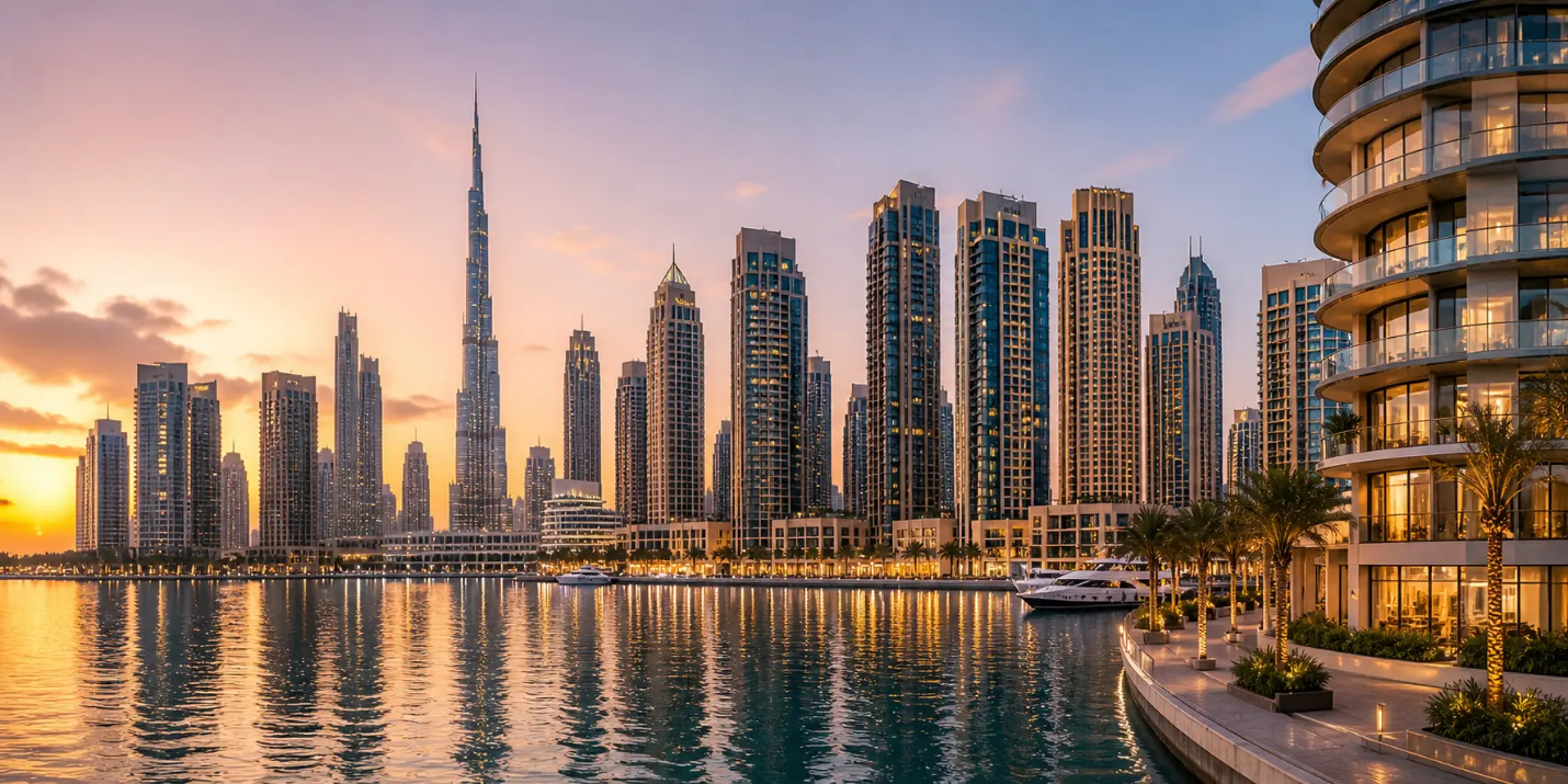 Aerial view of Downtown Dubai and the Dubai Marina waterfront at golden hour, two premium real estate zones eligible for UAE Golden Visa property investment.