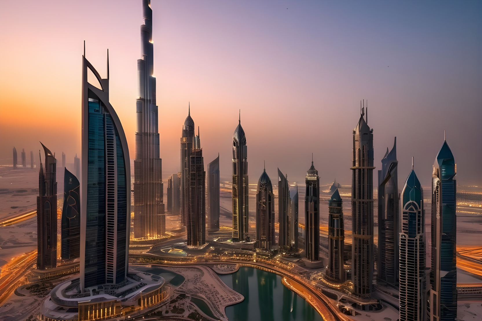 Dubai futuristic skyline at sunset highlighting smart city transport vision