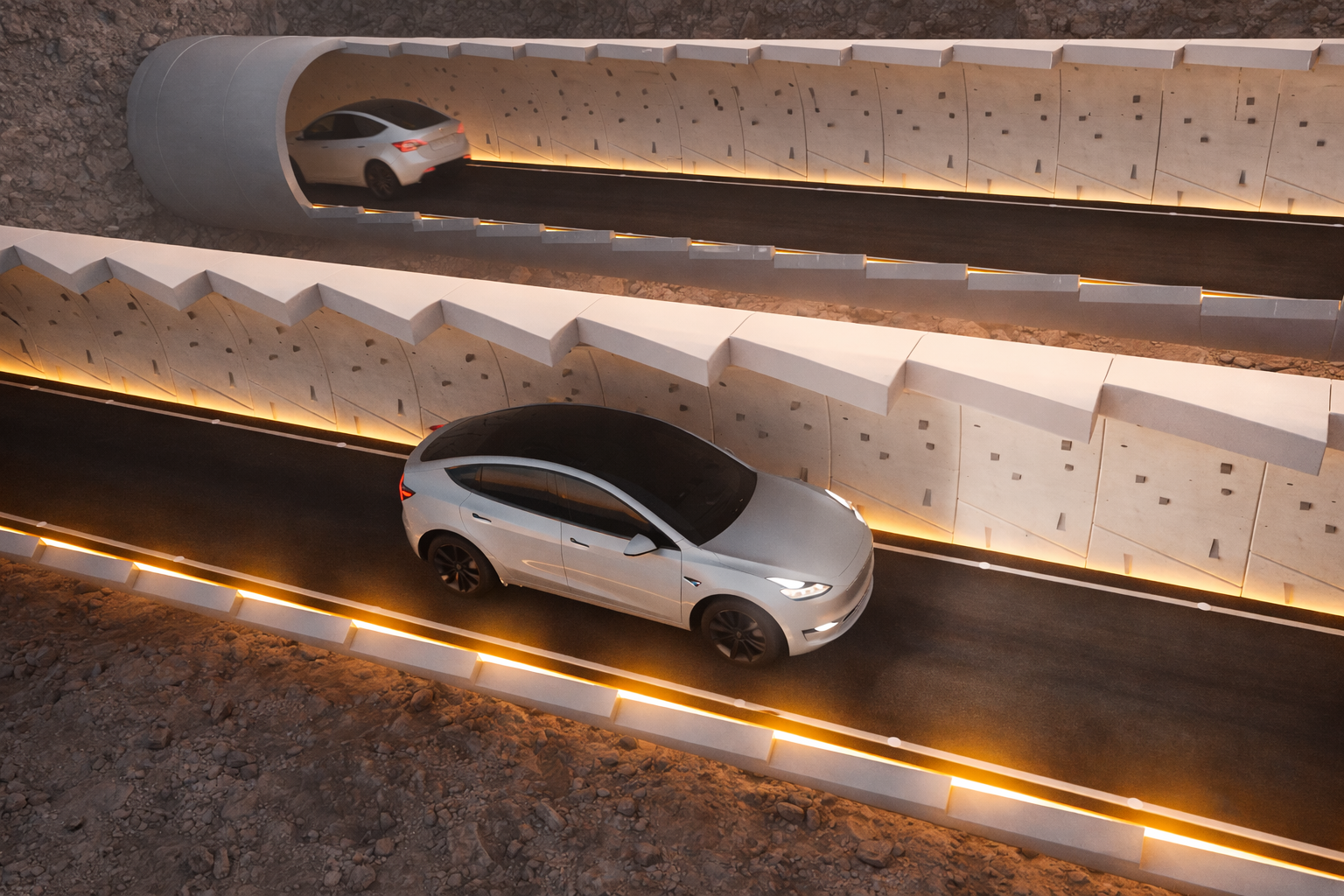 Boring Company dual tunnel underground transit system architectural render