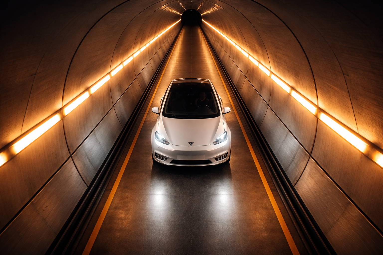 Tesla electric vehicle inside Boring Company Loop tunnel concept render